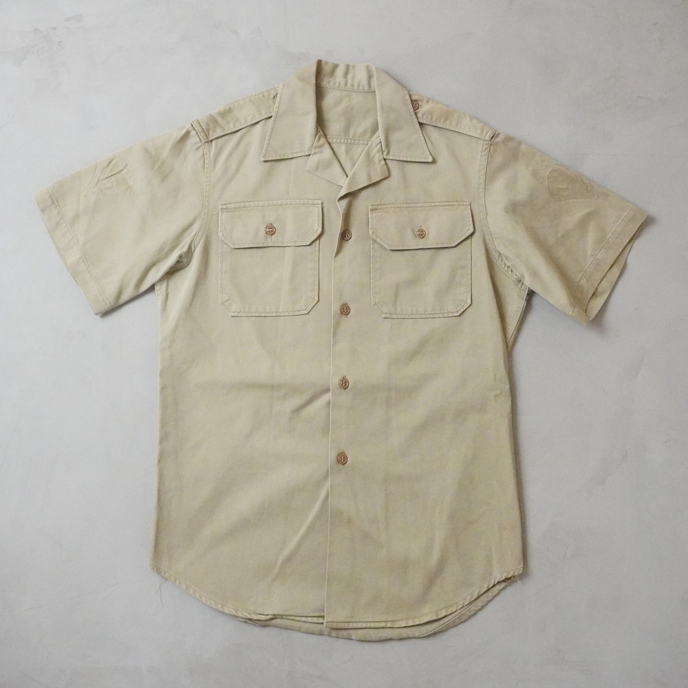 Vintage Military Khaki Shirt Small Mens 50s 60s Tan Cotton Twill Short Sleeve OG